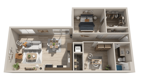 Floor plan for 1 bed, 1 bath, 955 sqft